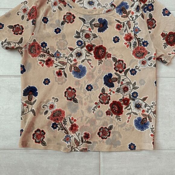 Ginger G Blouse Top Tan Floral Short Sleeve Stretch Unique Boho Chic Festival S - Picture 5 of 6